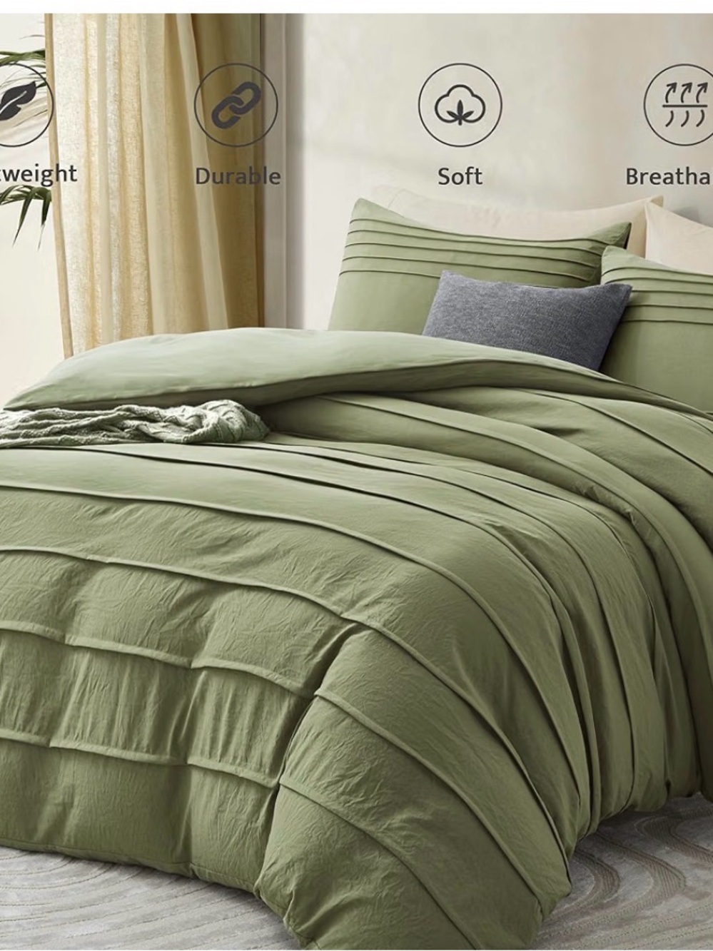 Oli Anderson Sage Green Duvet Cover King Size - Pleated King Duvet Cover, 3PCS S